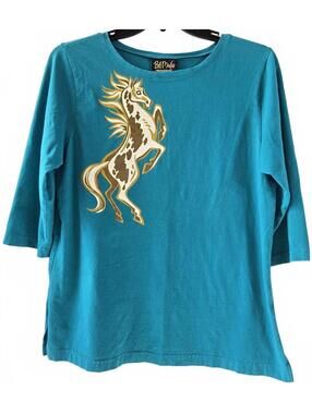 Bob Mackie Wearable Art Blue Cotton Spandex Horse Graphic Shirt Large